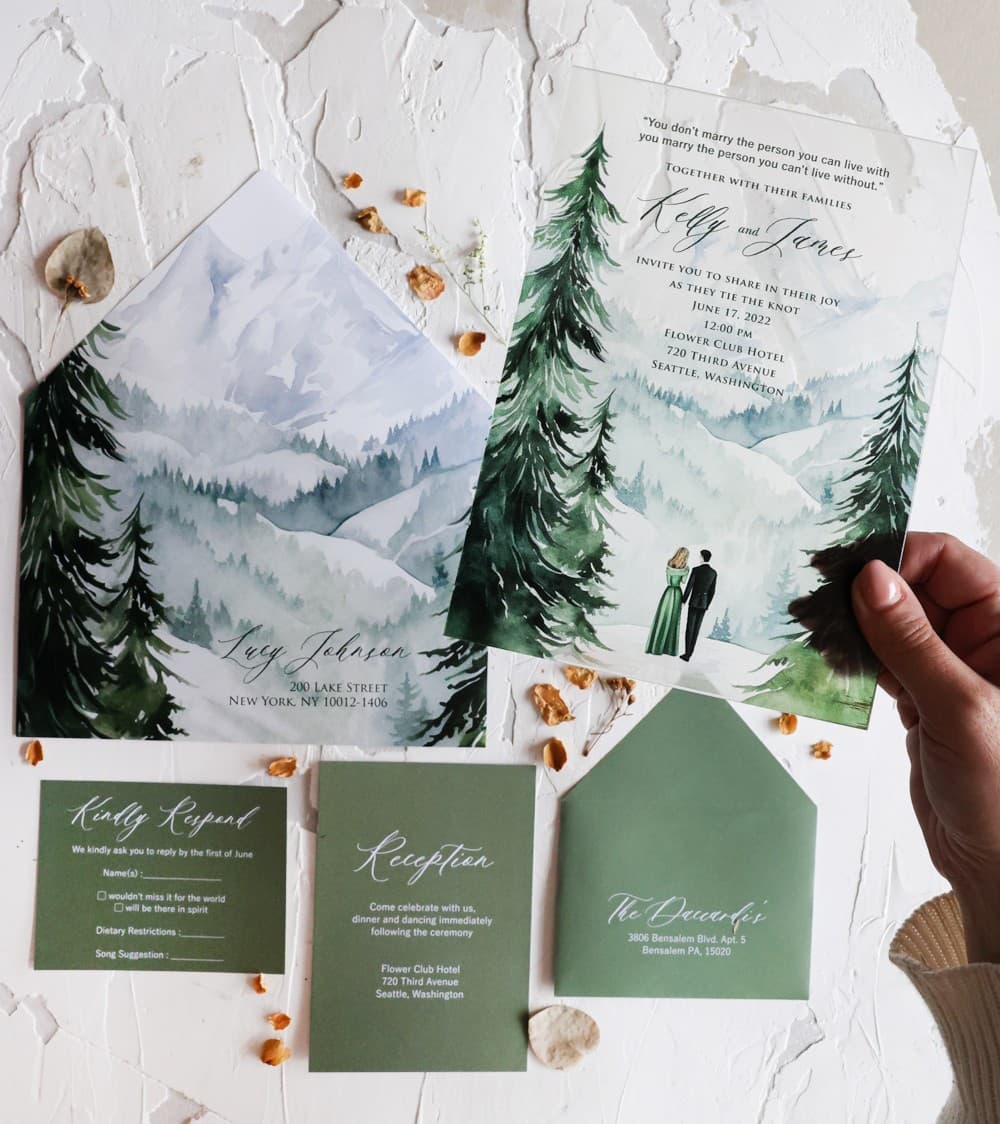 Glass Wedding Invitation with Forest Graphics and Romantic Motif | Elegant and Modern Wedding Cards | Korani No. 21