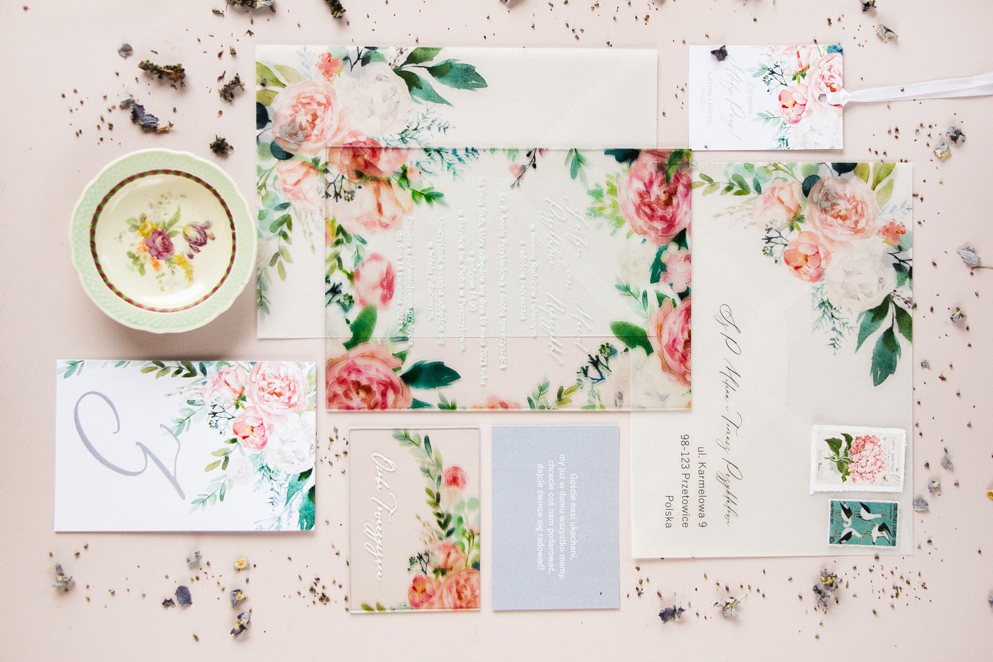 Glamour Glass Wedding Invitations with Pink Peonies and Vellum Envelope | Soft No. 1 - 2