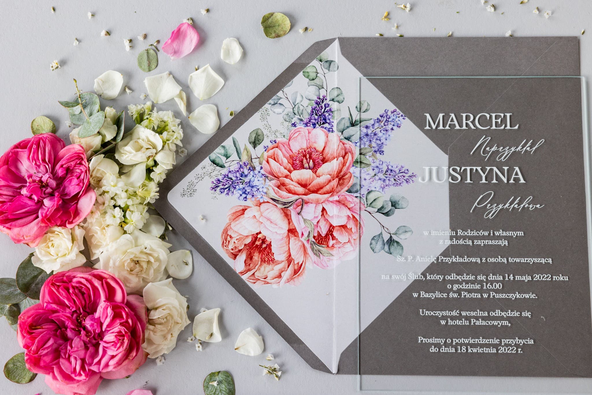 Minimalist Soft No. 7 Glass Wedding Invitation – Peonies & Lilac - 3