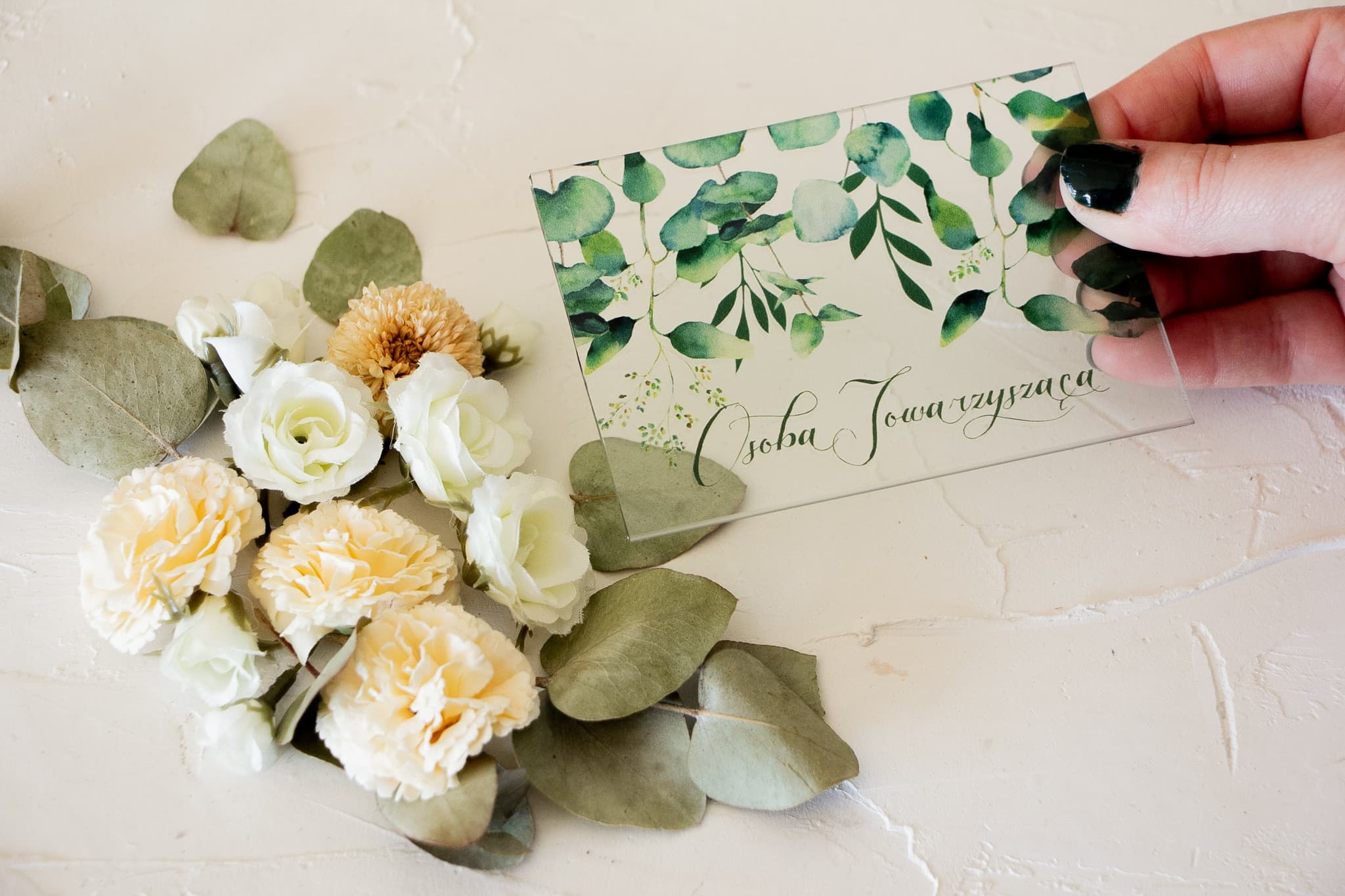 Korani No. 3 Wedding Place Cards – Glass Table Cards with Eucalyptus Motif