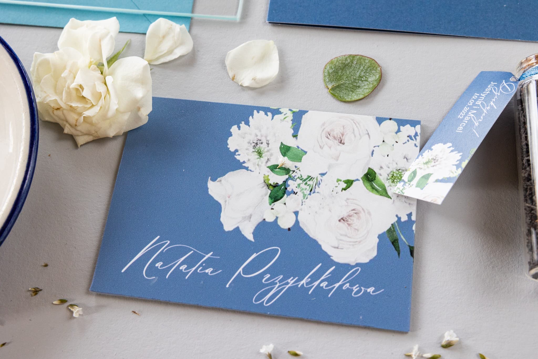Soft No. 5 Glass Wedding Place Cards – Dusty Blue Peony Motif