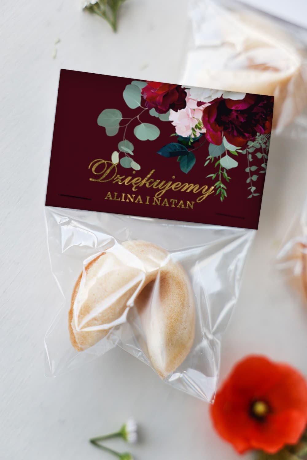 Glückskekse mit Goldveredelung, Burgundrote Blumen | Gastgeschenke Hochzeit | Szafirowe Nr. 9