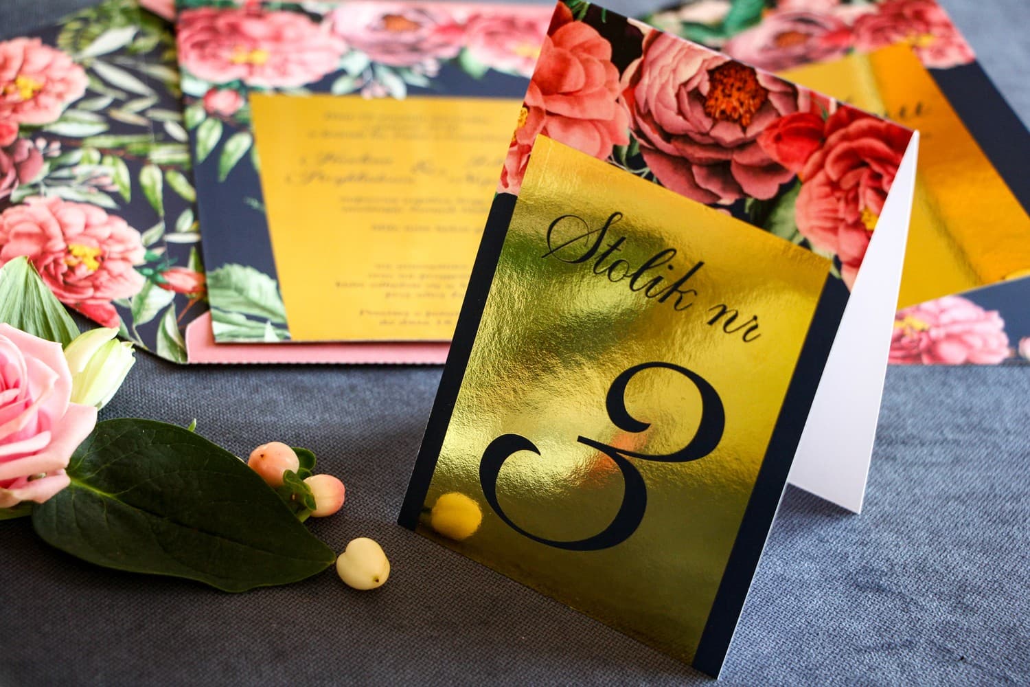 Gold-Foil Wedding Table Numbers Navy Peonies | Elegant Glamour Table Numbering | Laura No. 3