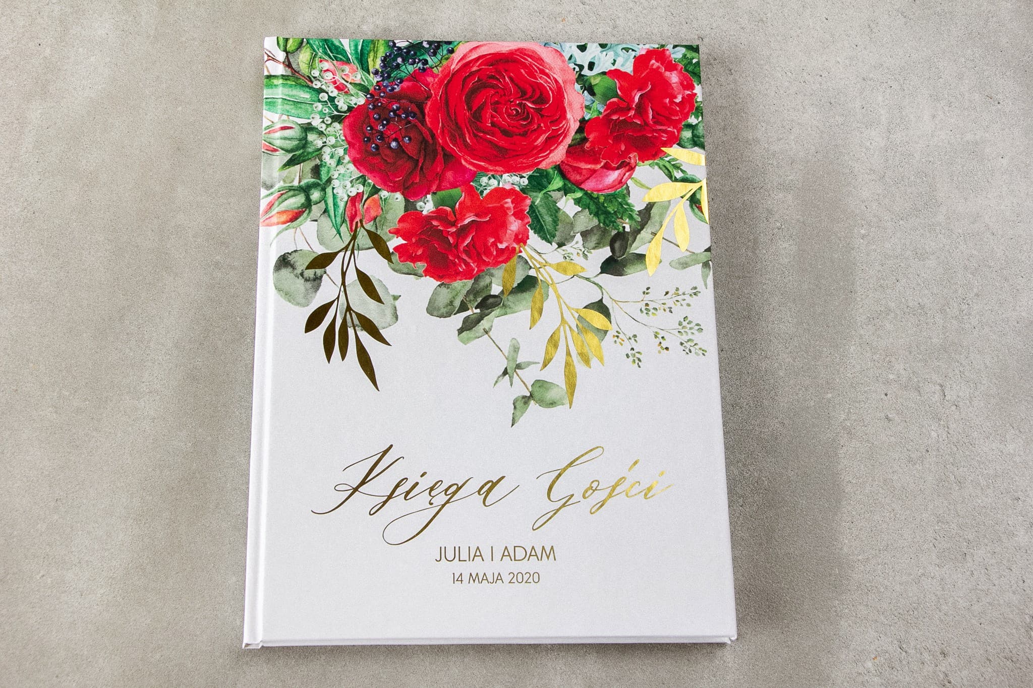 Gold Foiled Guest Book Burgundy Roses & Carnations | Personalized Wedding Guest Book | Rubin No. 8 - 2