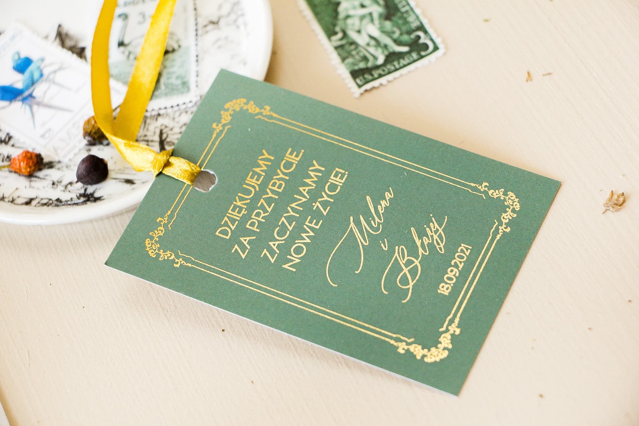 Elegant Green Gold Foiled Alcohol Tags | Wedding Vodka Tags with Gold Border | Sand No. 3