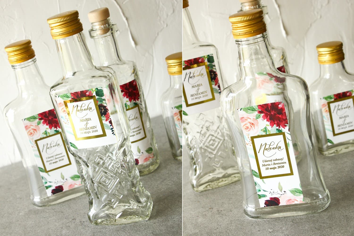 Gold Foiled Wedding Liqueur Bottles with Flowers | Glamour Wedding Favours | Flores No. 2