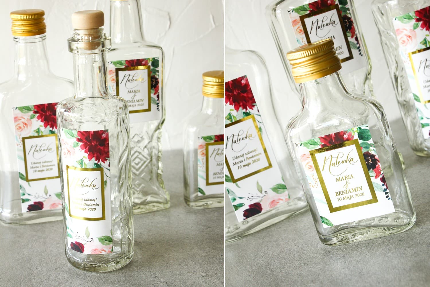 Gold Foiled Wedding Liqueur Bottles with Flowers | Glamour Wedding Favours | Flores No. 2 - 3