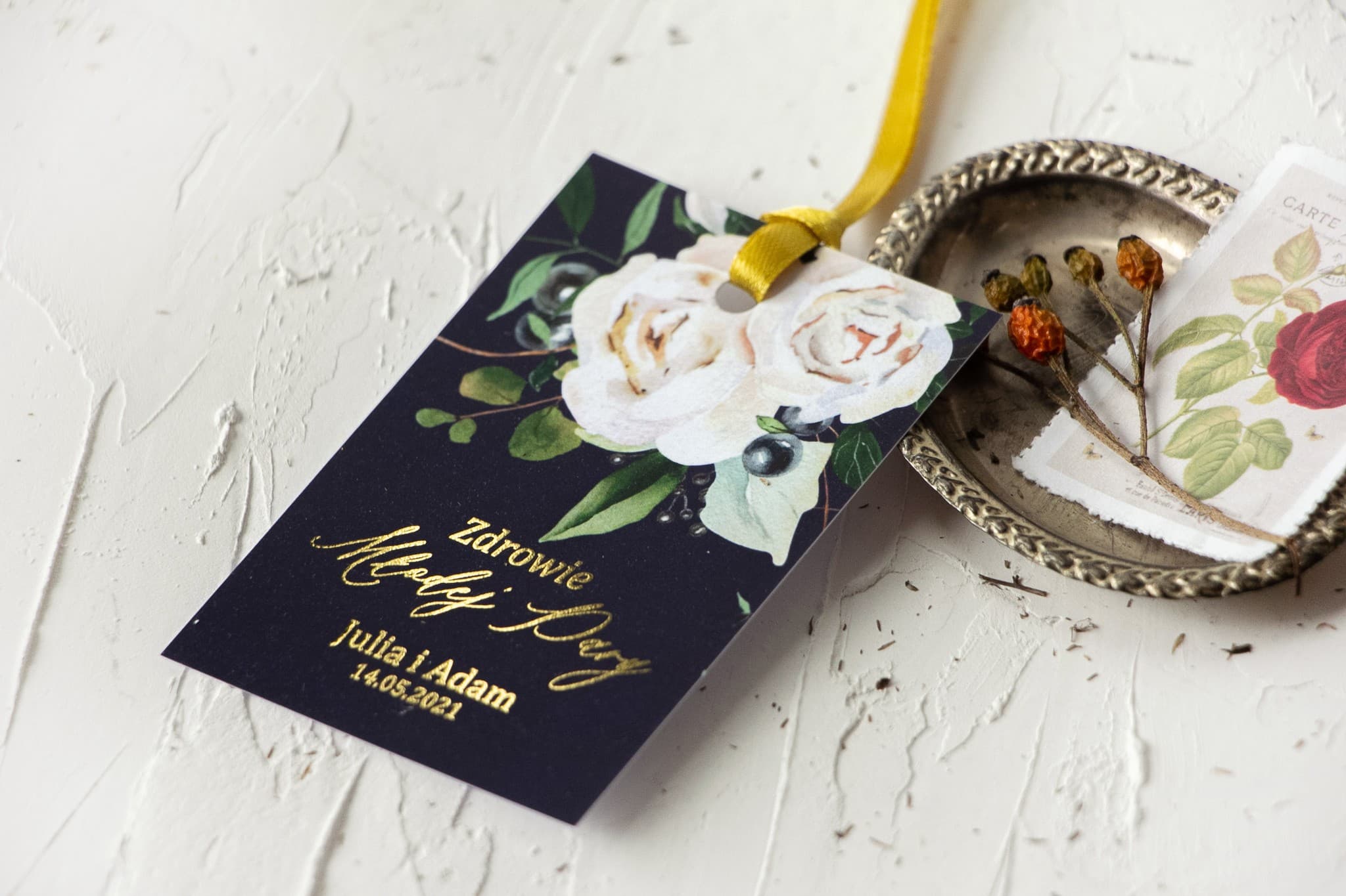 Gold Foiled Navy Blue Wedding Vodka Tags with White Flowers | Szafirowe No. 7