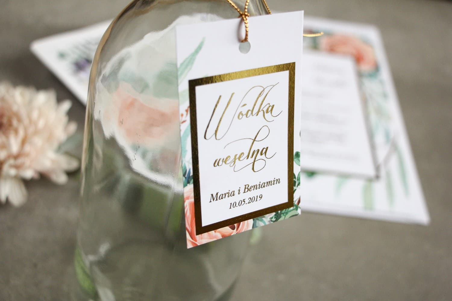 Gold Foiled Wedding Vodka Tags with Peonies | Glamour Alcohol Labels | Flores No. 4