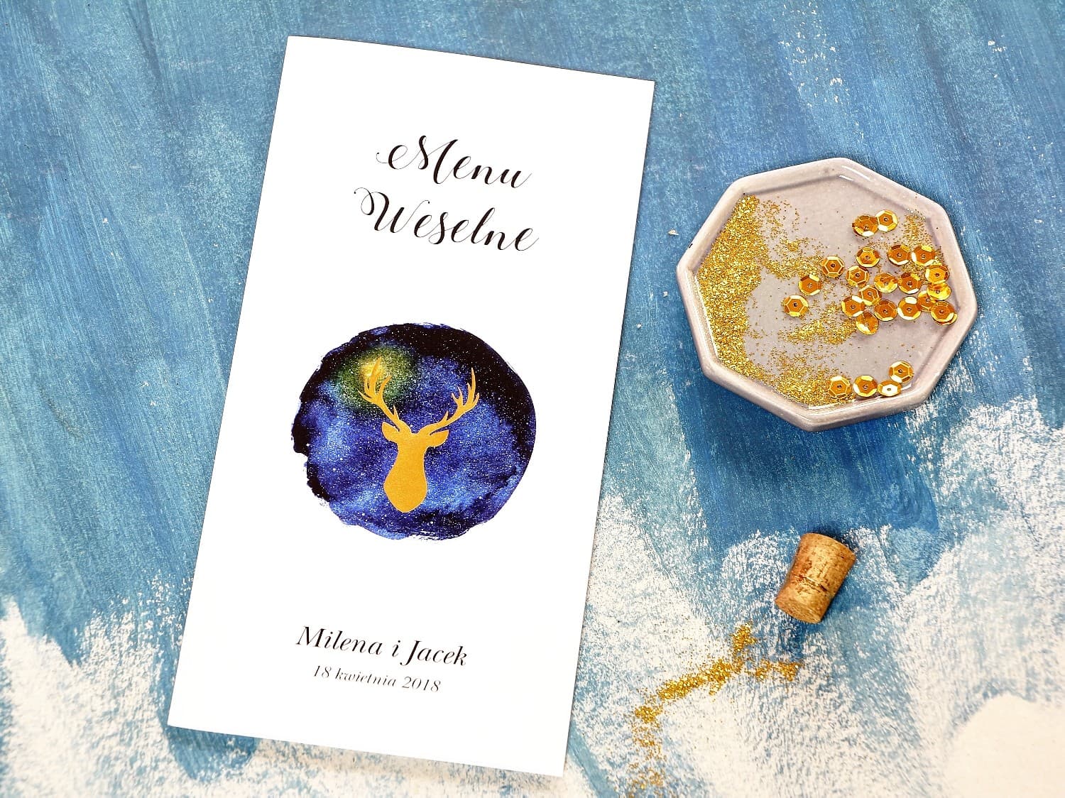 Gold Foiled Stag Wedding Menu, Navy Blue | Elegant Table Menu Card | Moonlit Night No. 5