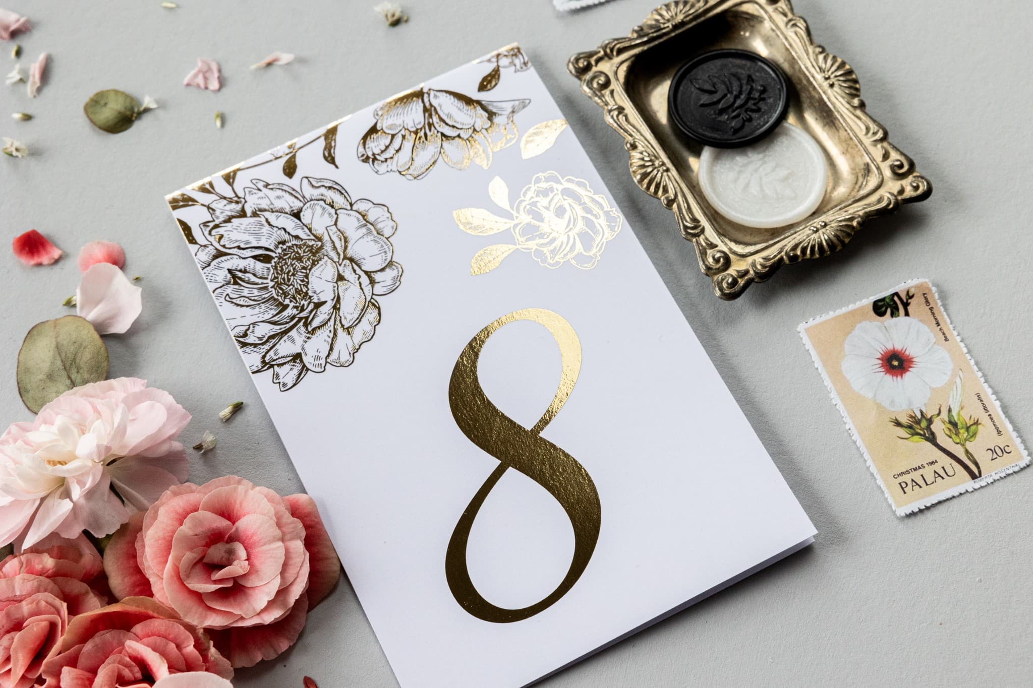Gold-Foiled Wedding Table Numbers with Peonies | Elegant Glamour Table Numbering | Onyx No. 3