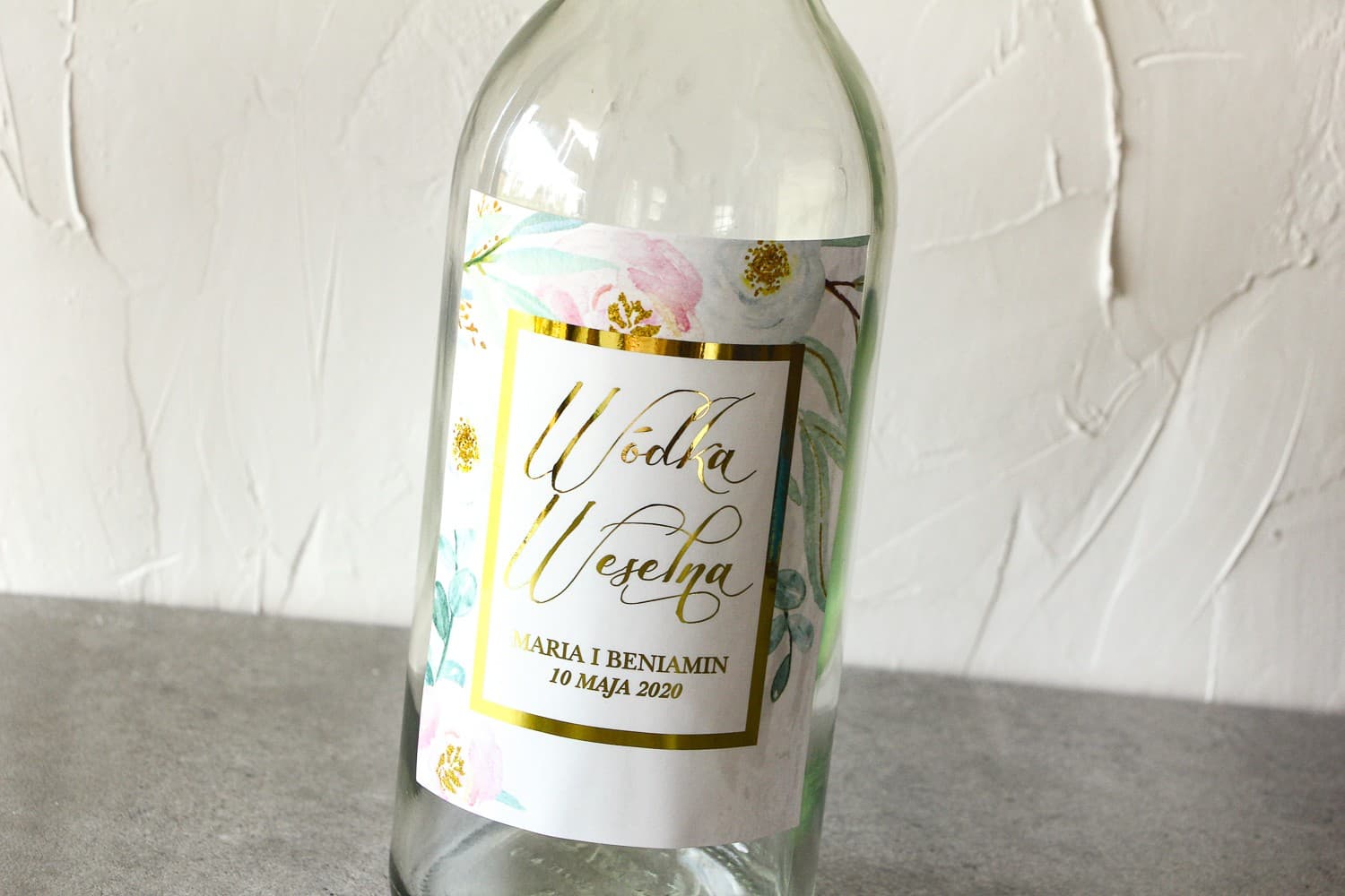 Gold-Foiled Wedding Vodka Labels with Peonies | Self-Adhesive Glamour Bottle Stickers | Flores No. 1