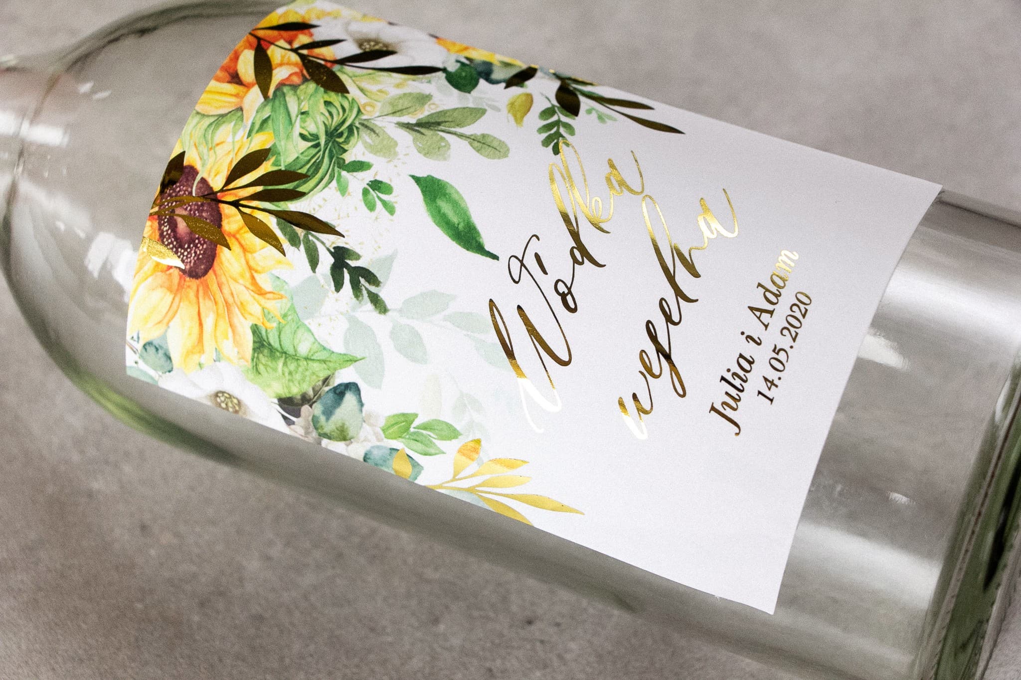 Gold Foiled Wedding Vodka Labels Sunflowers | Personalized Alcohol Stickers | Rubin no. 7