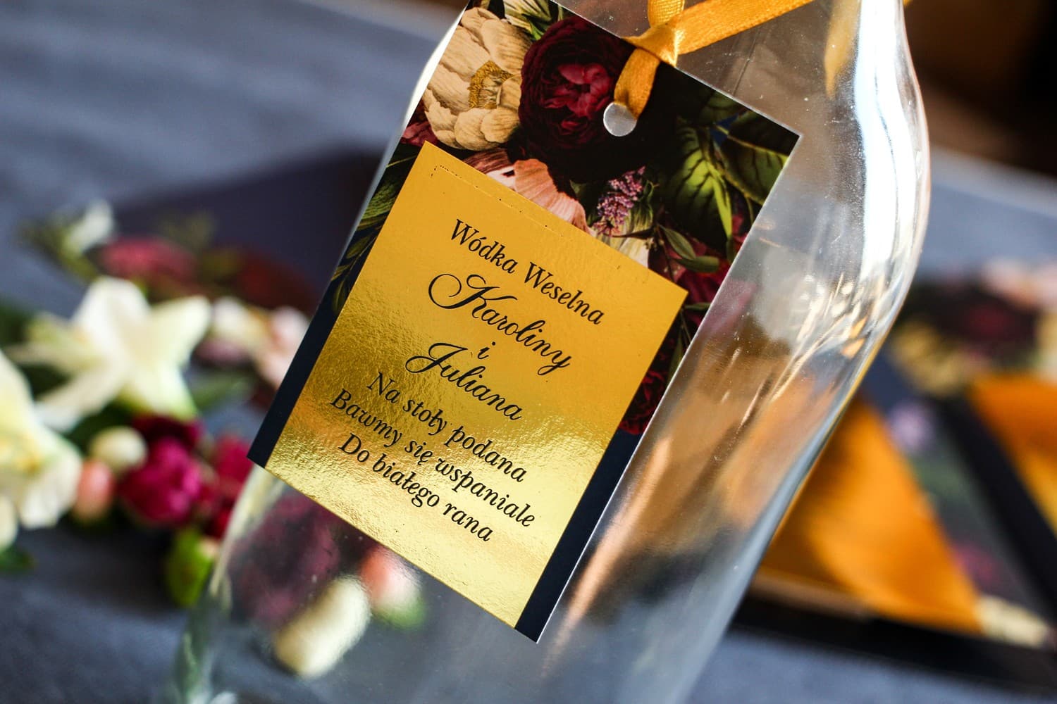 Gold Foiled Navy Floral Wedding Bottle Tags | Elegant Glamour Alcohol Tags | Laura No. 1