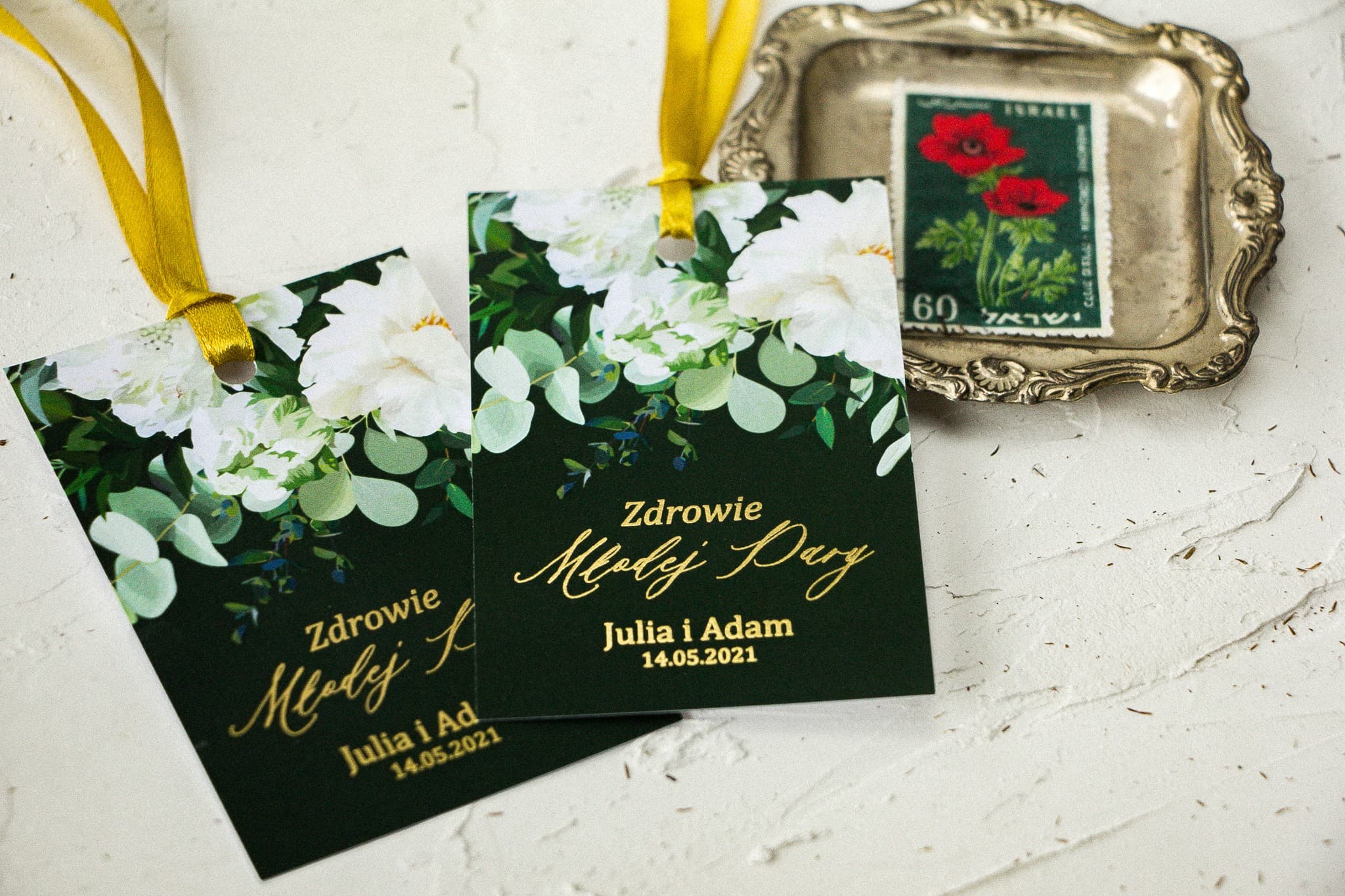 Gold Foiled Wedding Vodka Tags with White Flowers | Elegant Bottle Labels | Szafirowe No. 6