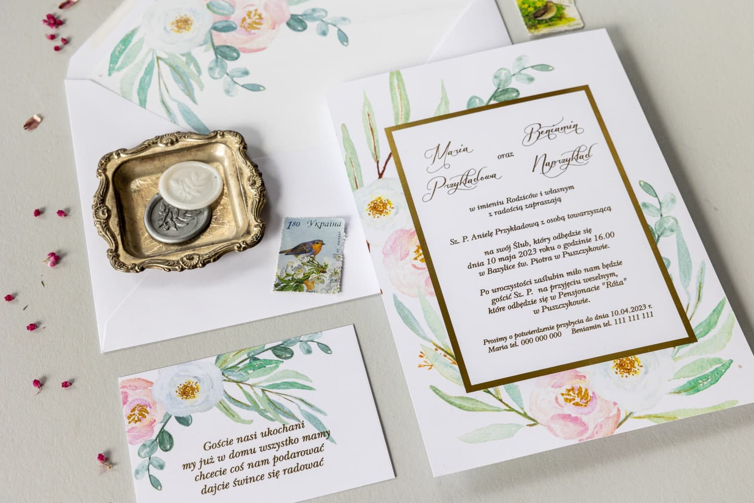 Glamour Wedding Invitations with Pink Peonies and Gold Foiling | Flores No. 1