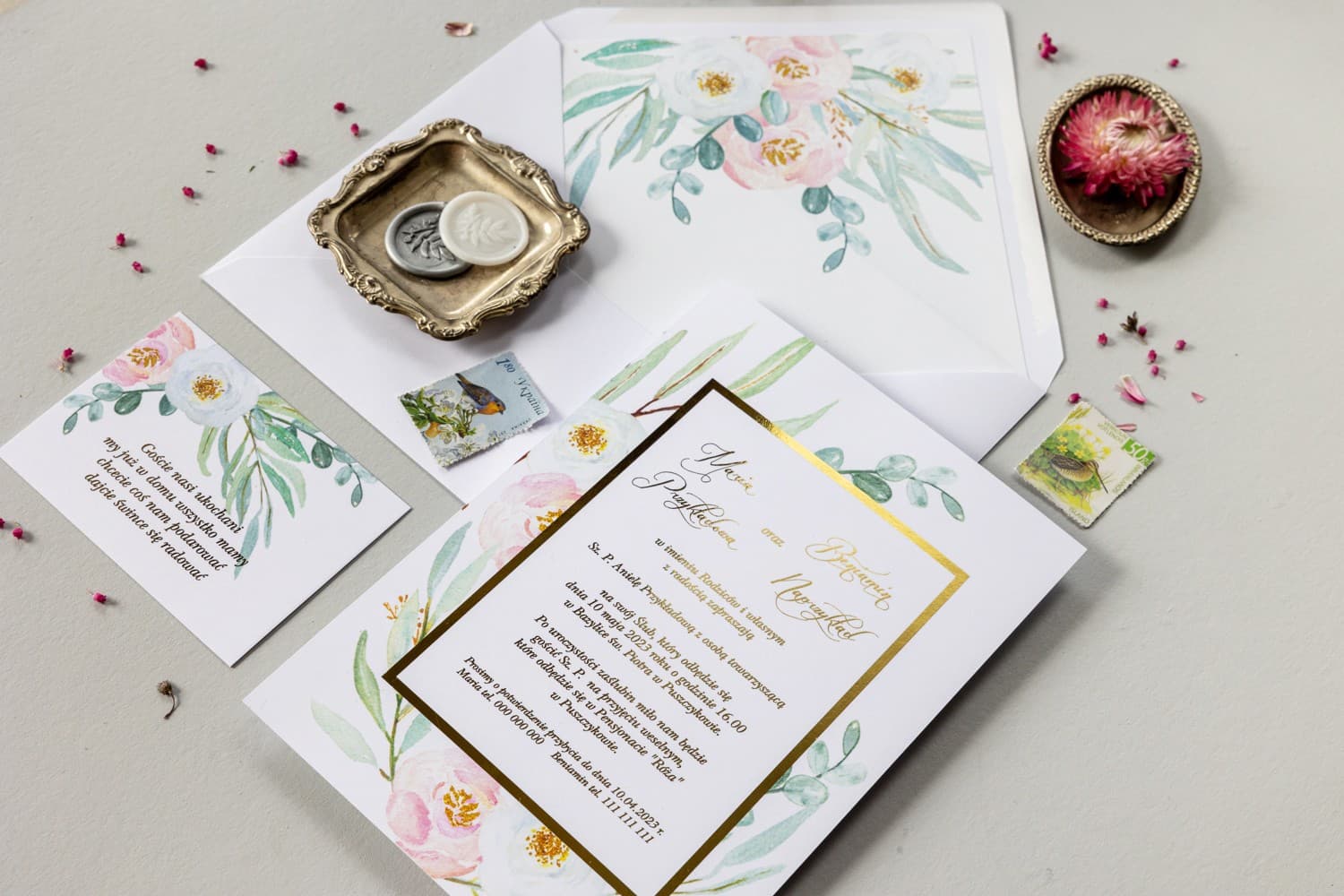 Glamour Wedding Invitations with Pink Peonies and Gold Foiling | Flores No. 1 - 3