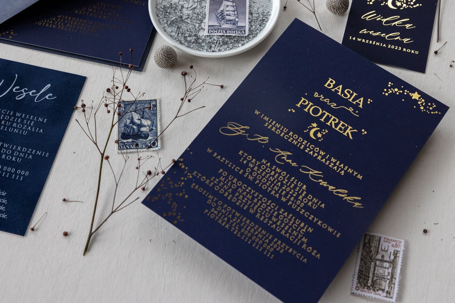 Glamour Gold Foiled Wedding Invitations with Stars and Navy Envelope Simple No. 1 - 3