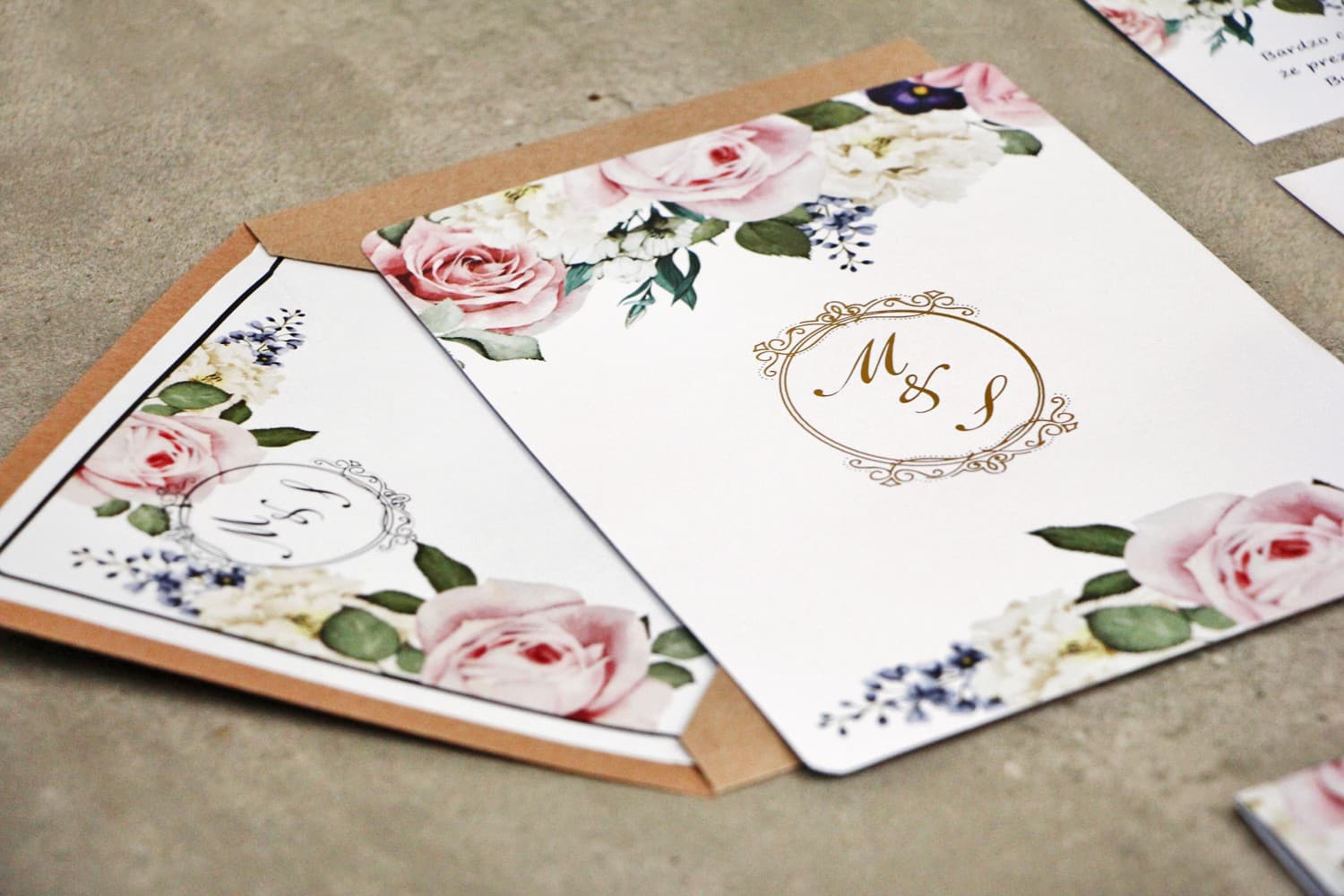 Sorento No. 1 Wedding Invitations – Pastel Roses and Gold Detailing