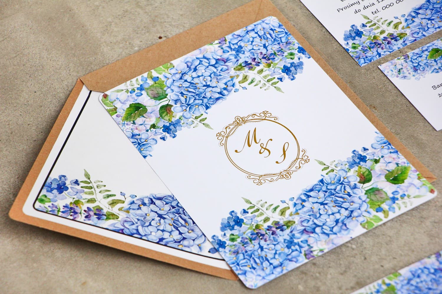 Gold Foiled Wedding Invitations with Blue Hydrangea and Lavender – Sorento No. 5