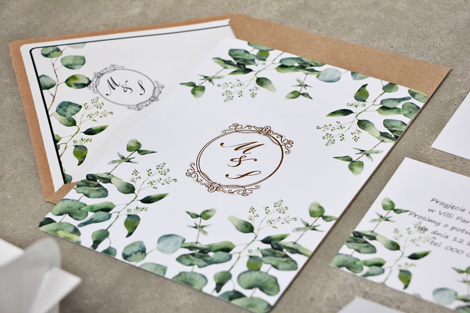 Gold Foiled Eucalyptus Wedding Invitations in Modern Style – Sorento No. 9