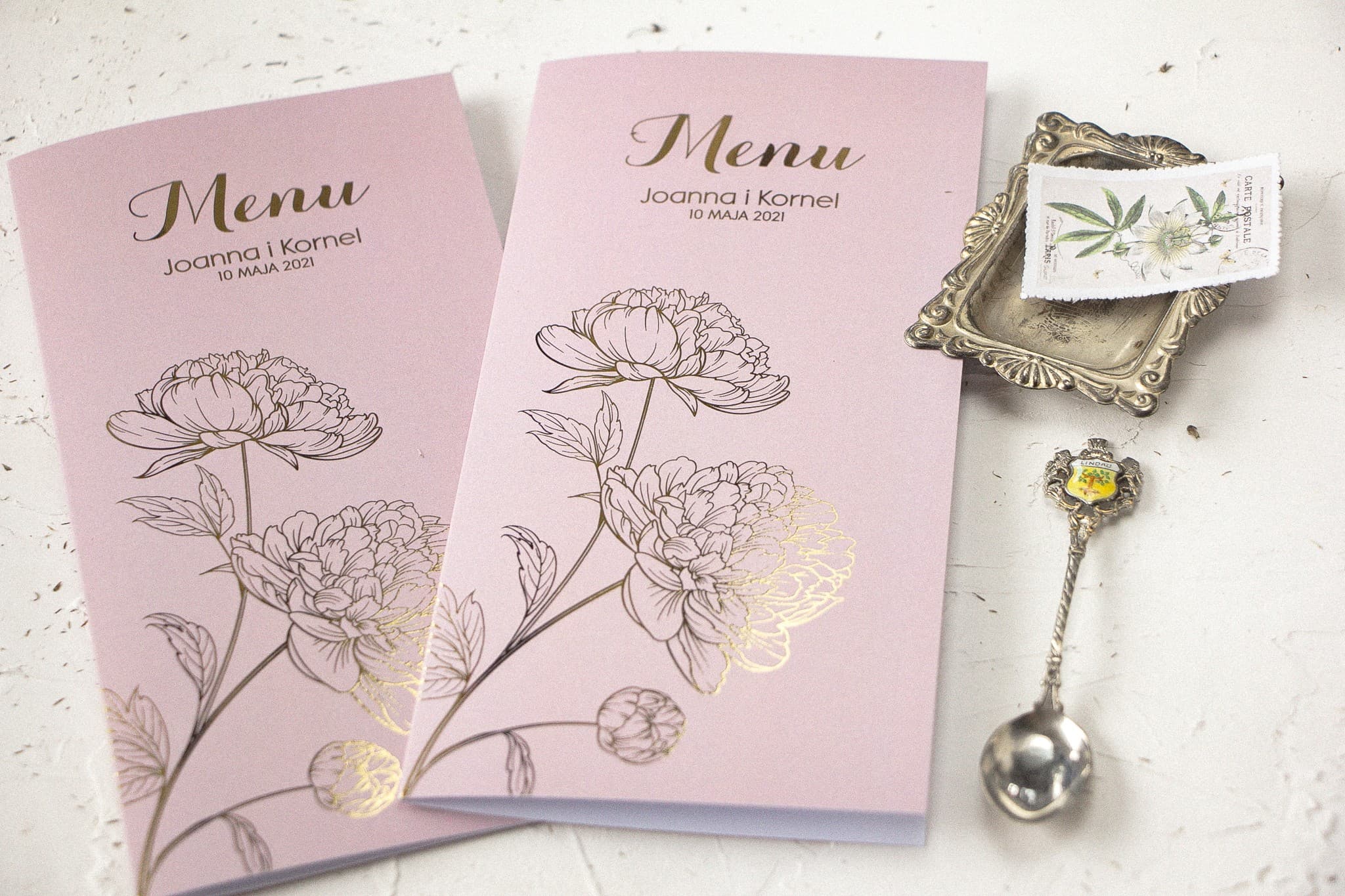 Elegant Gold-Foiled Wedding Menu with Peonies | Pastel Wedding Table Menu Card | Design 4