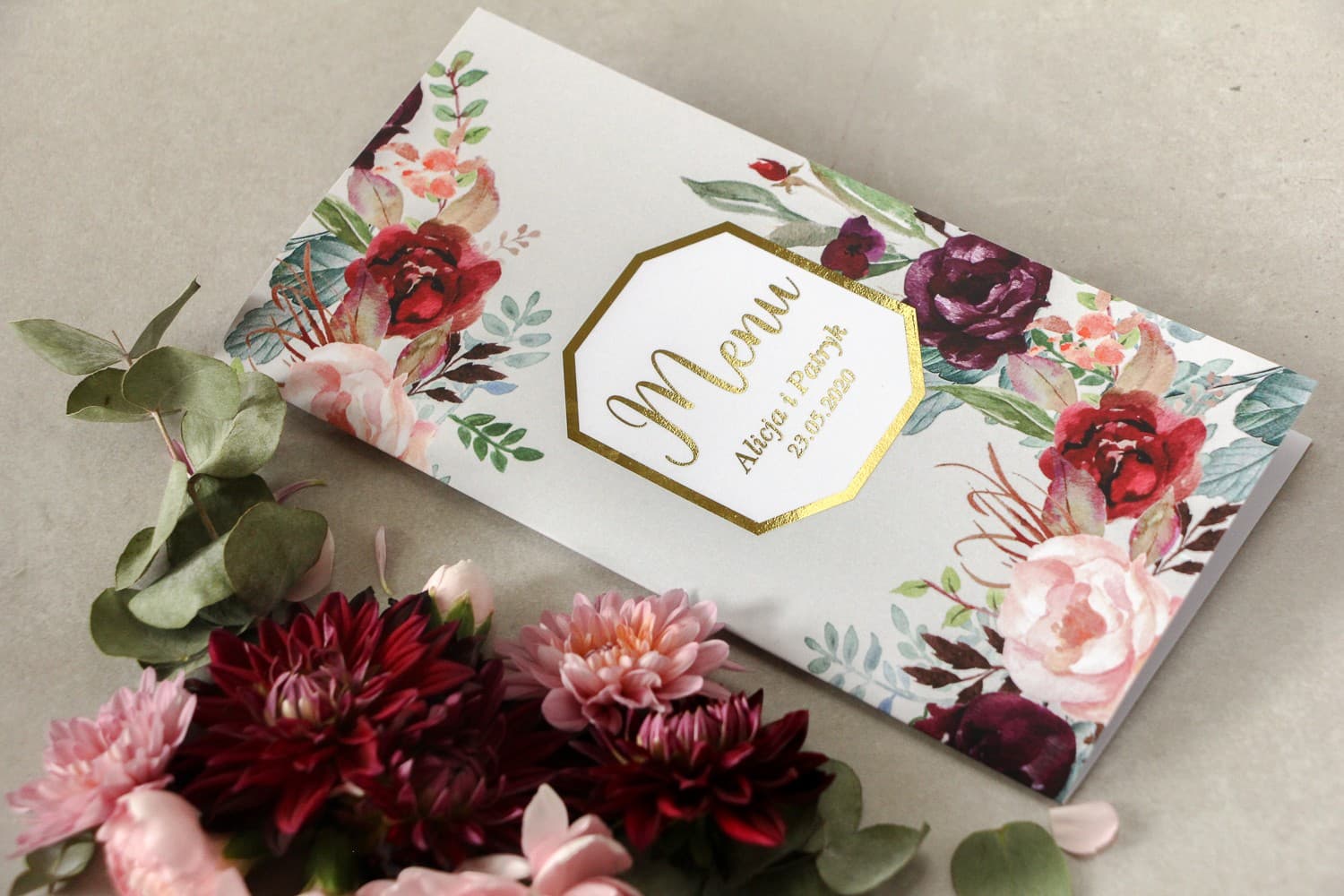 Burgundy Elegance Gold Foiled Wedding Menu | Peonies and Roses | Lotus No. 5