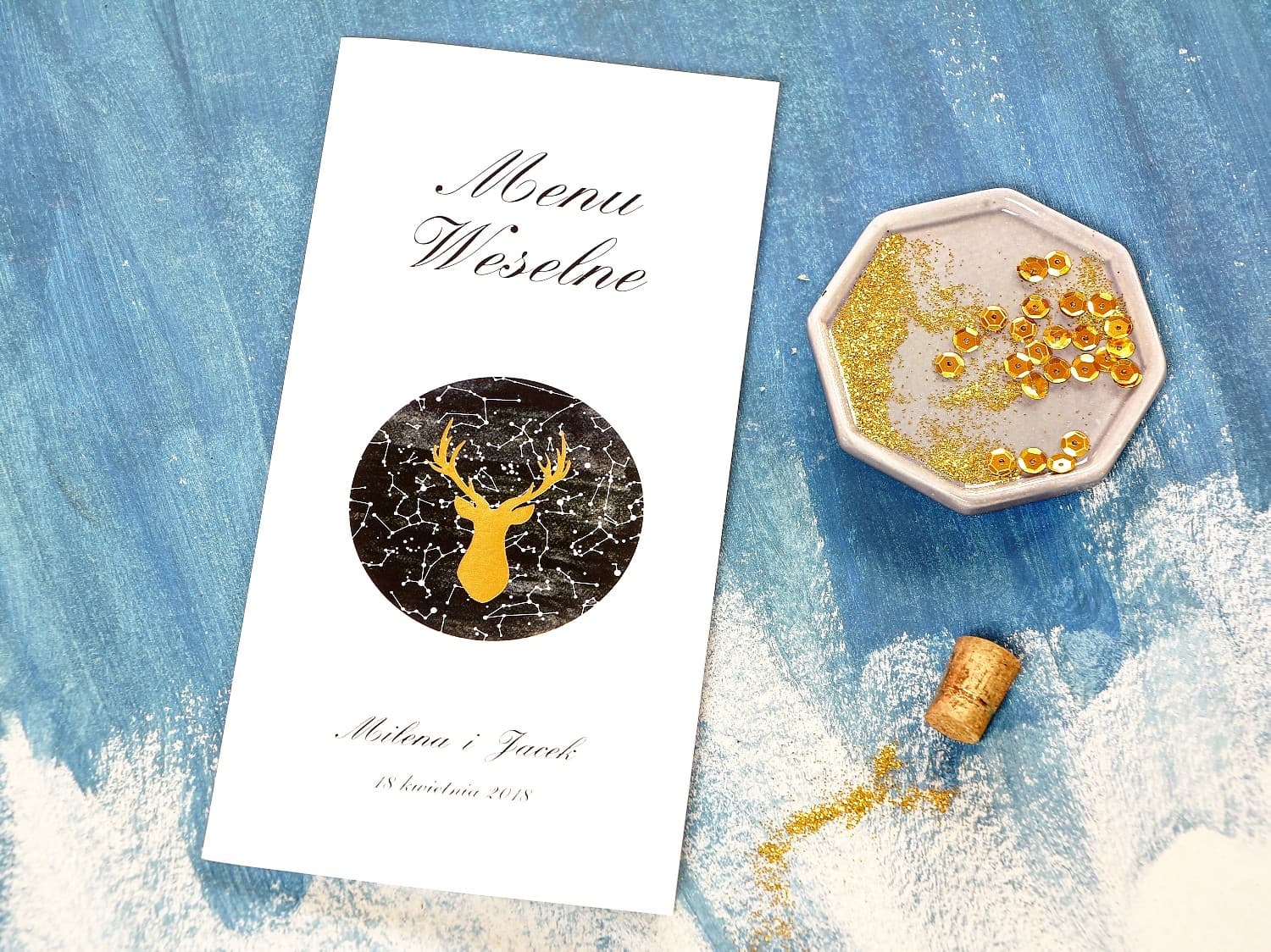 Gold Foiled Wedding Menu with Deer and Night Sky | Elegant Wedding Menu Card | Moonlit Night No. 6