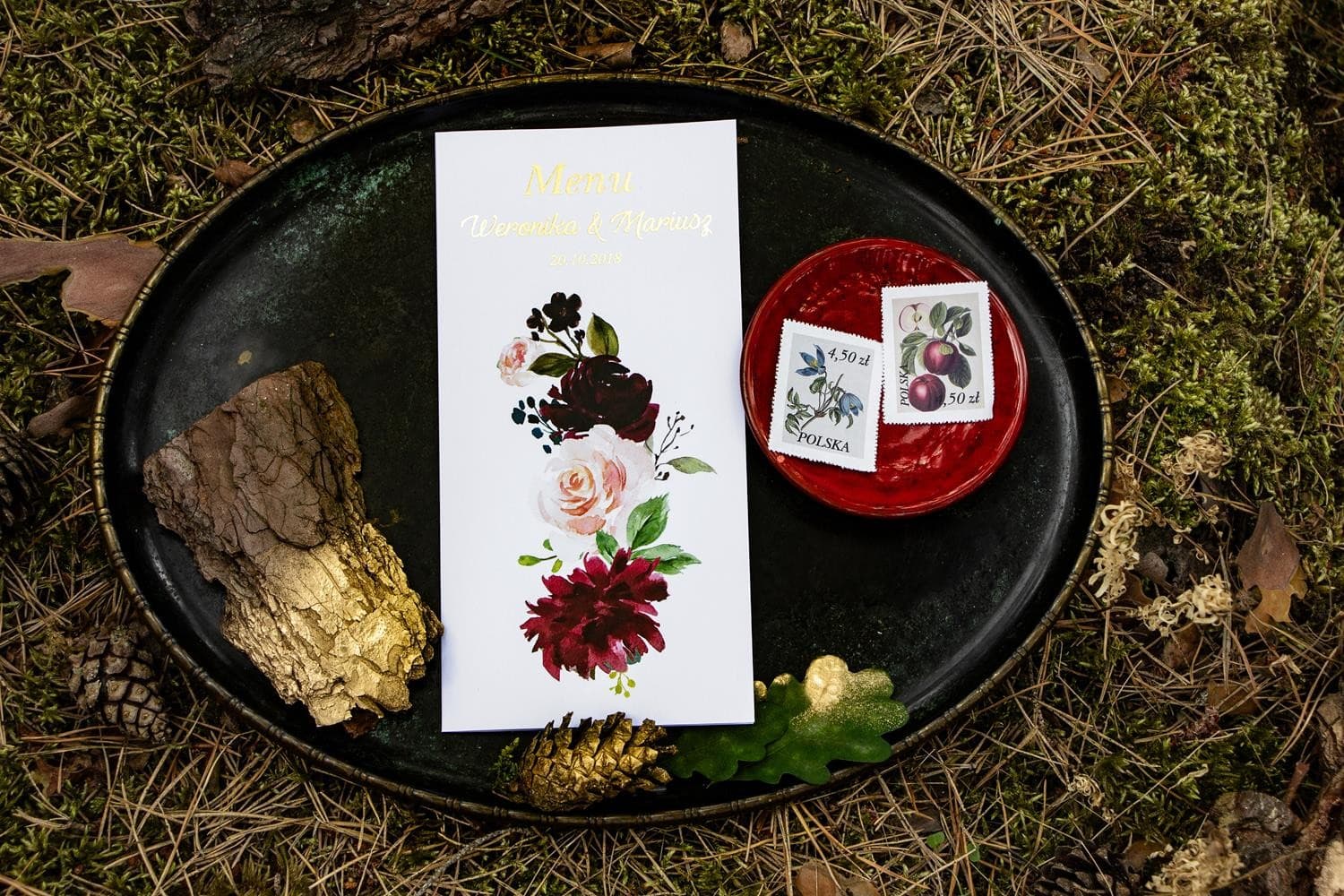 Gold Foiled Folded Wedding Menu with Peonies | Burgundy & Pink Florals | Orini No. 1