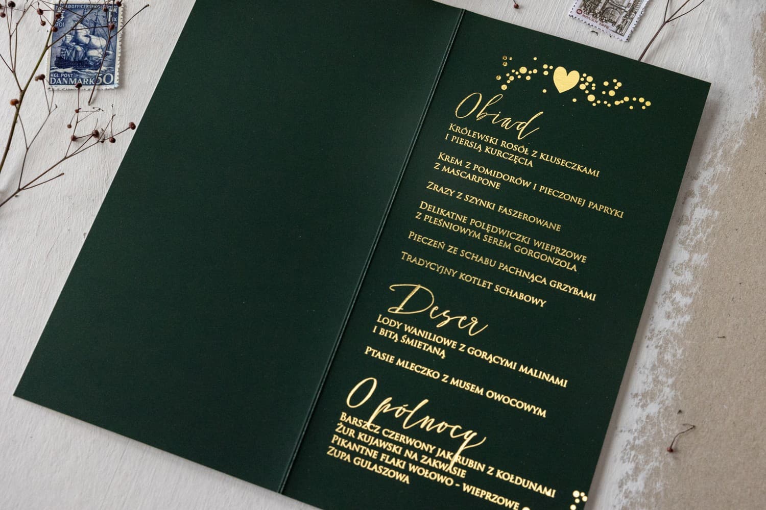 Gold-Foil Wedding Menu Bottle Green with Stars | Elegant Glamour Menu Card | Simple No. 2 - 3