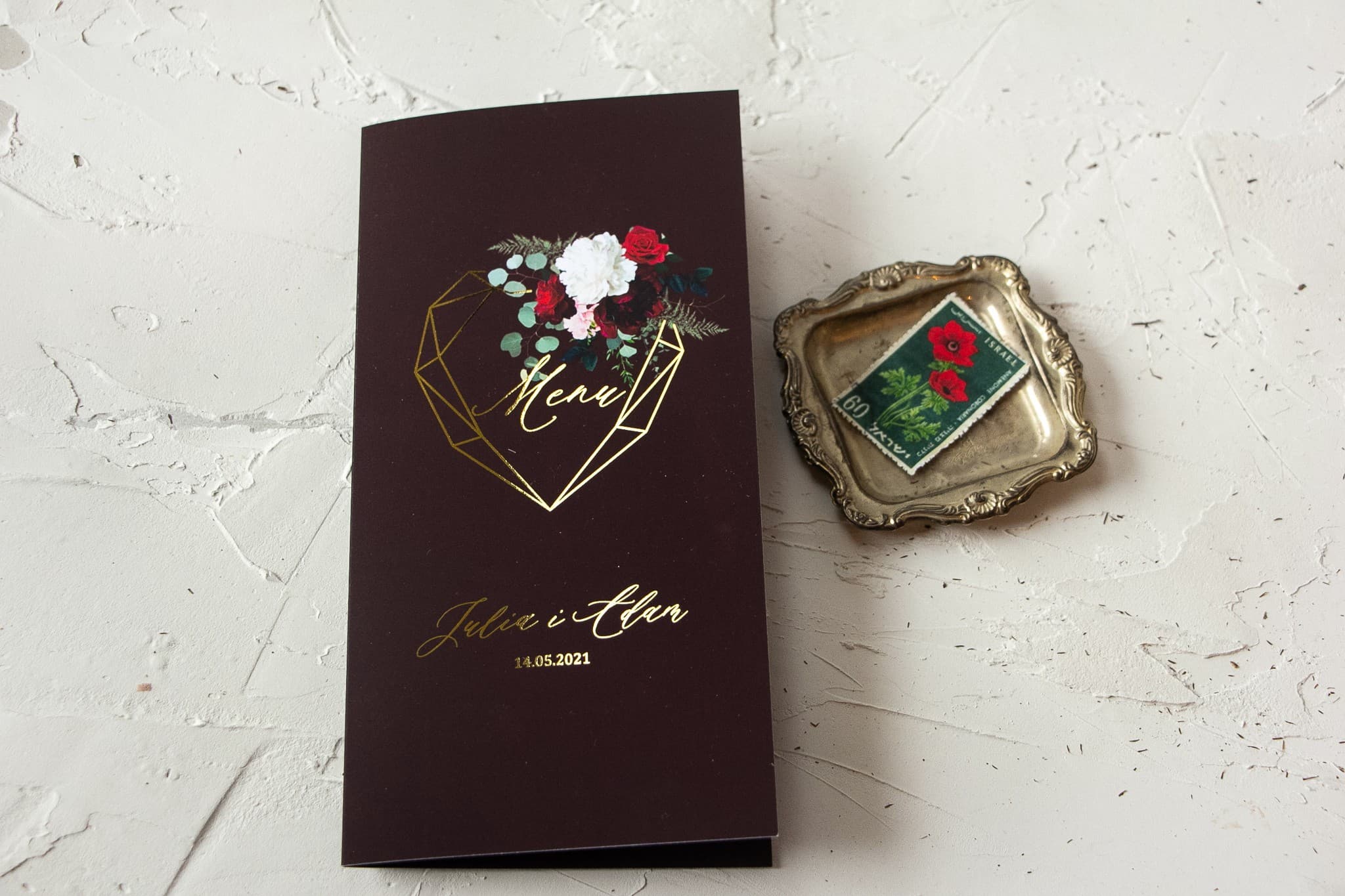 Gold Foiled Wedding Menu Burgundy Flowers Eucalyptus | Elegant Table Menu Card | Szafirowe No. 9