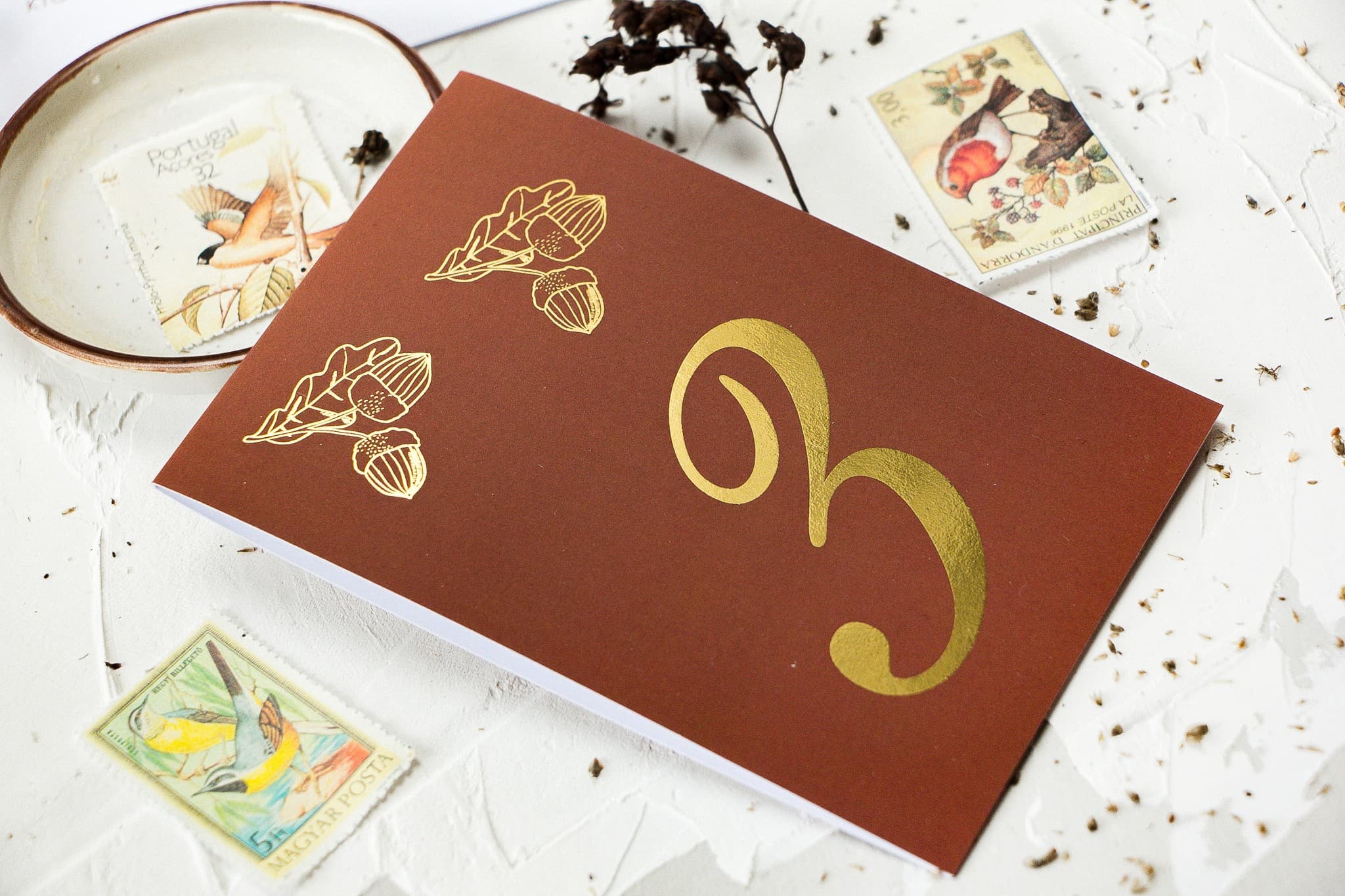 Gold Foiled Wedding Table Numbers, Autumn Acorn Motif | Elegant Table Numbering | Design No. 1