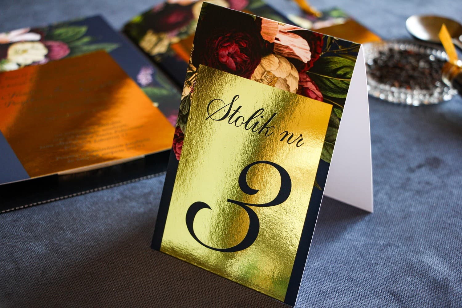 Gold Foiled Wedding Table Numbers Navy & Burgundy Flowers | Glamour Table Cards | Laura No. 1