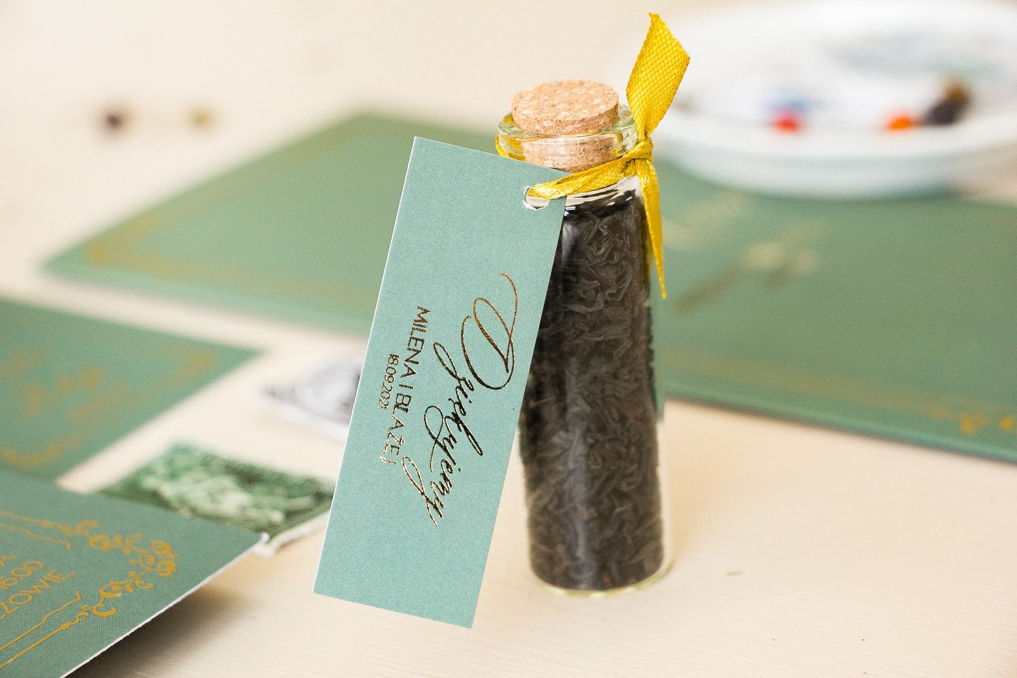 Gold-Foiled Tea Bottles with Sage Green Tags | Elegant Wedding Favours | Sand No. 3