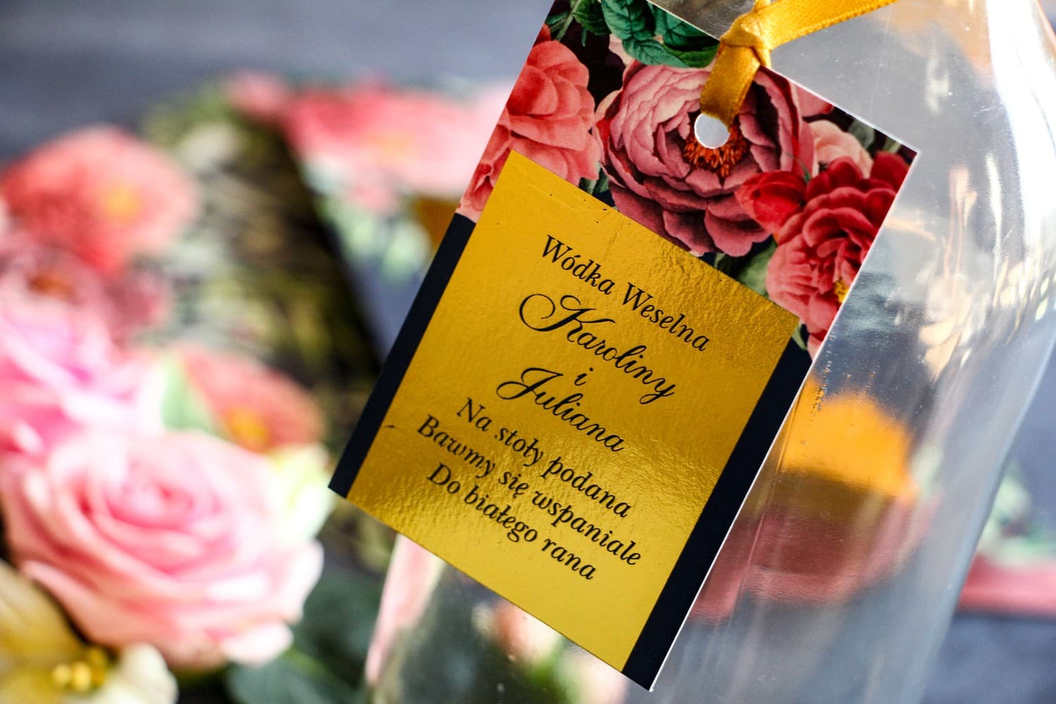 Gilded Wedding Vodka Tags with Peonies | Elegant Glamour Alcohol Labels | Laura No. 3