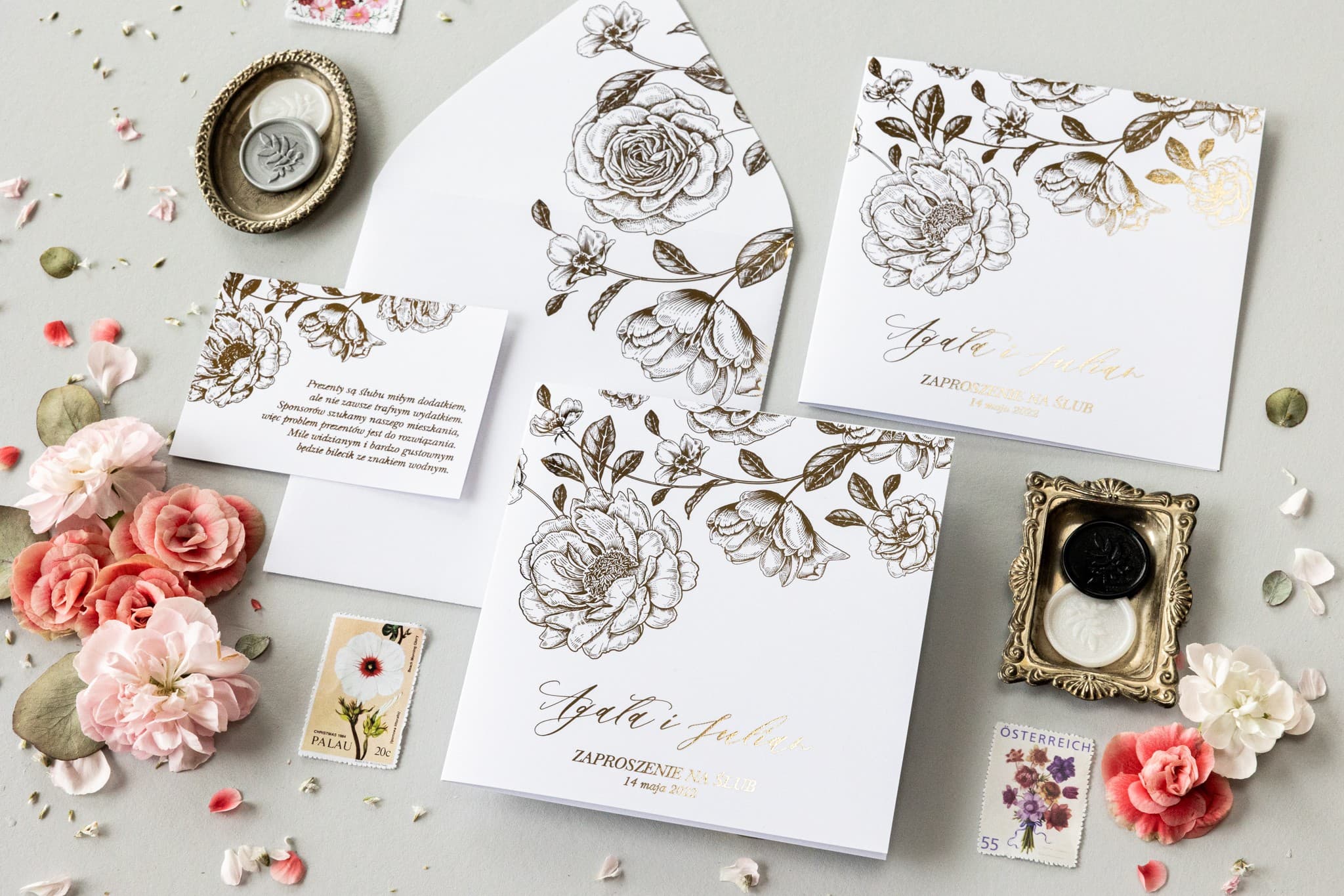 Glamour White Wedding Invitations with Gilded Peonies – Onyks No. 3 - 2