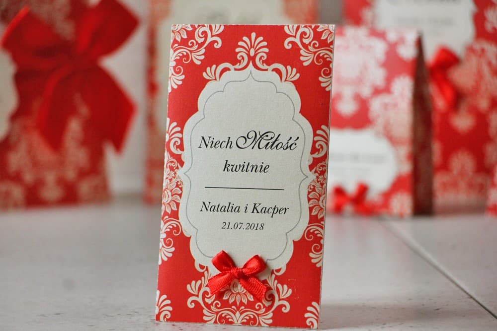 Cadeaux pour invités de mariage - graines de Myosotis - Ornement n° 8 - Rouge avec ornements et nœud