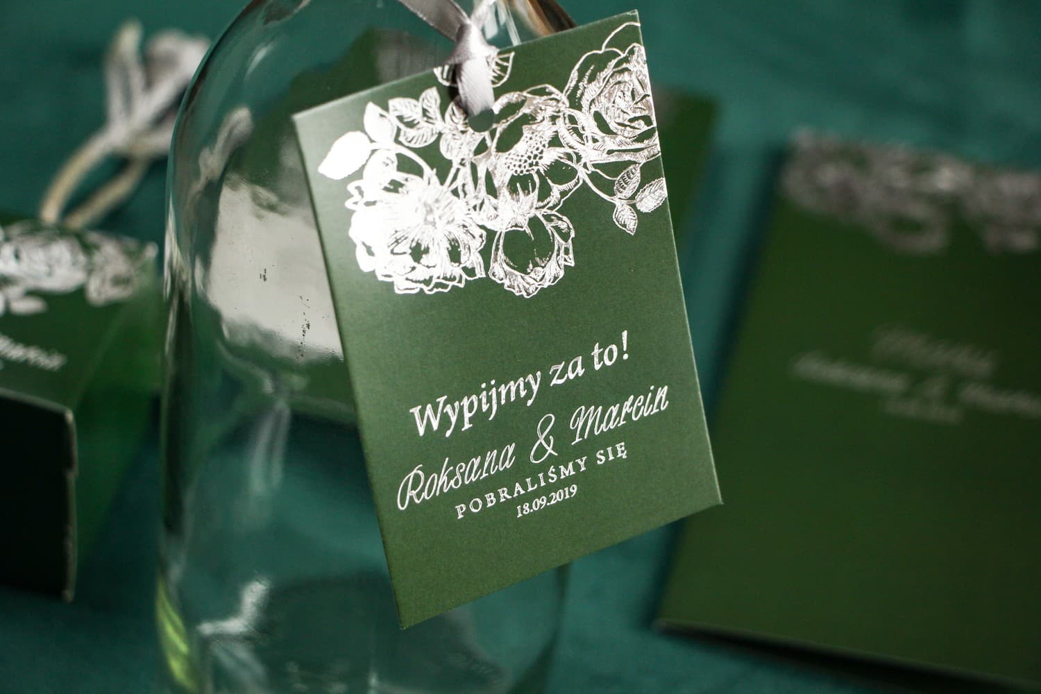 Elegant Green Silver-Foiled Tags | Wedding Vodka & Alcohol Tags | Mikado No. 3