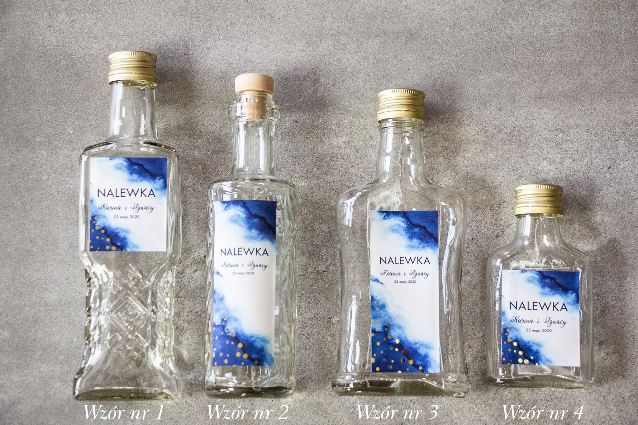 Elegante Likörflaschen Hochzeit Dunkelblau Gold | Gastgeschenke | Kollektion Bakarto Nr. 1 - 3