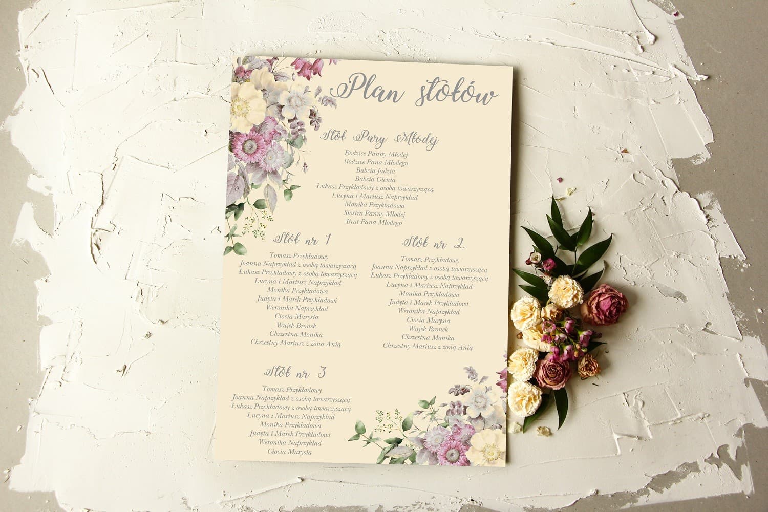 Pastell-Sitzplan mit Rosenblüten | Tafel Gästeordnung Glamour | Kollektion Pastelowe Nr. 4