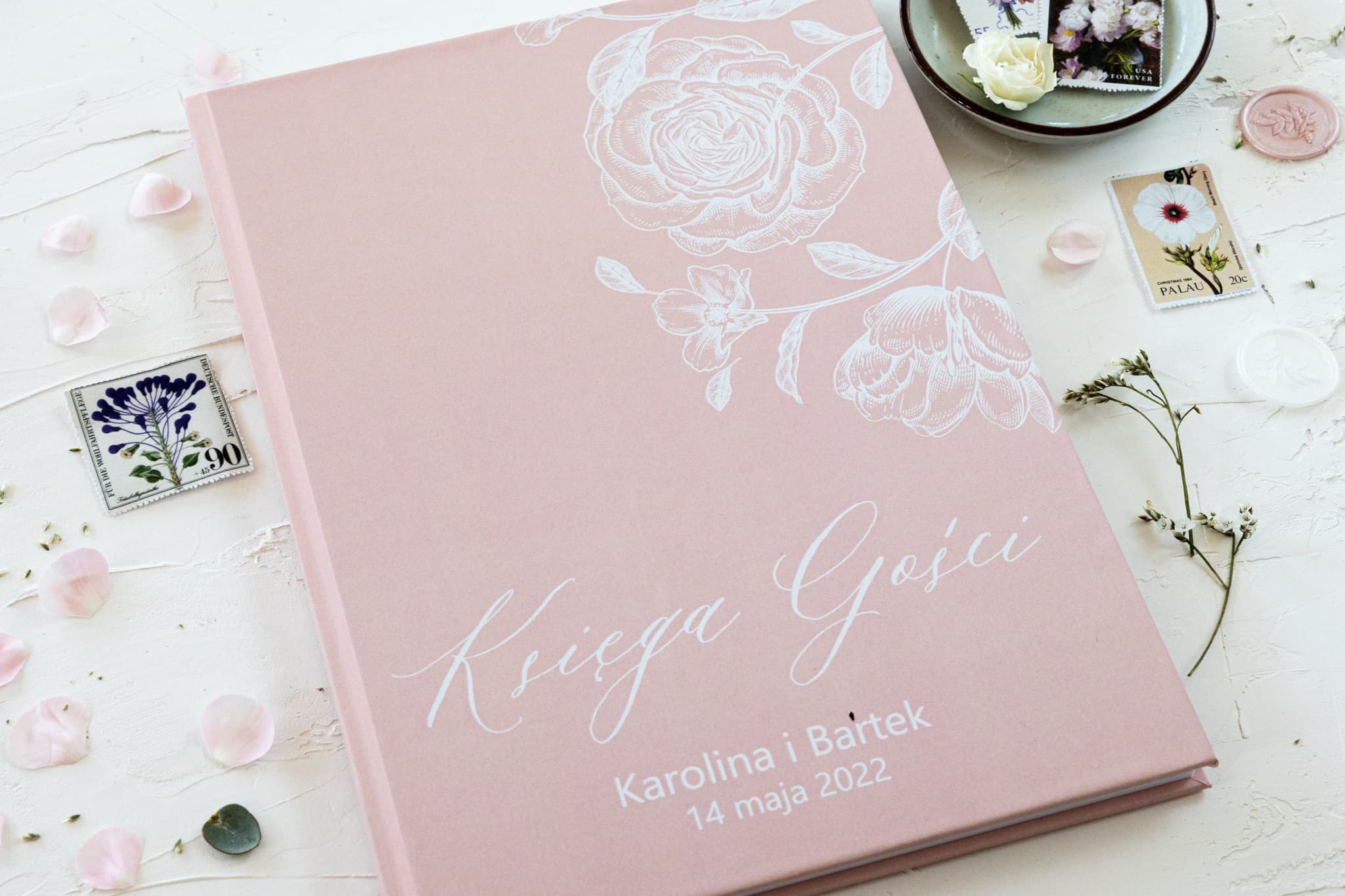 Gästebuch mit Fragen in Puderrosa | Personalisierte, elegante Hochzeitserinnerung | Nefryt Nr. 1