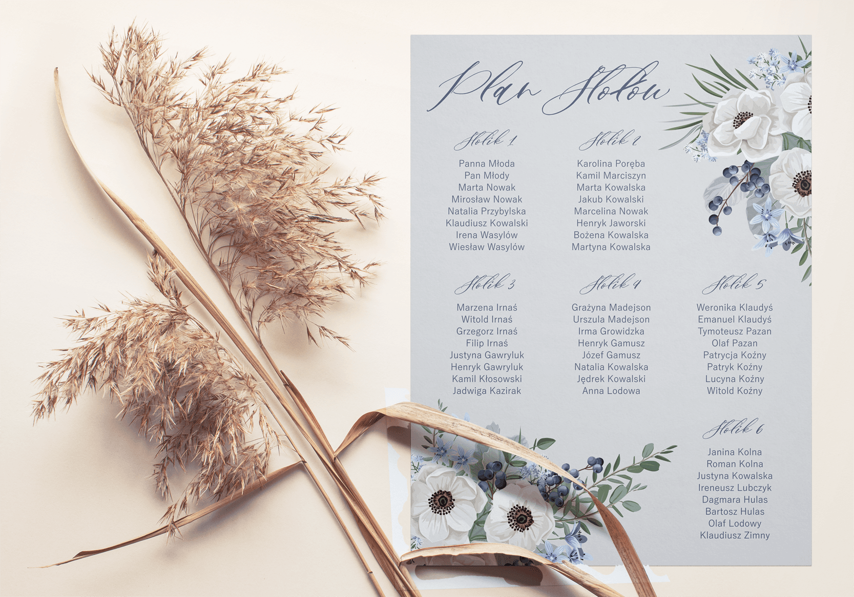 Eleganter Sitzplan mit weißen Anemonen | Hochzeitstafel Gästeliste | Opal Nr. 7