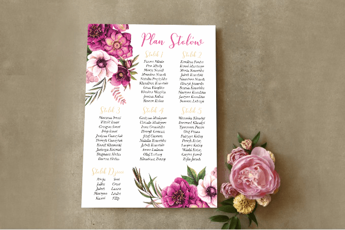 Hochzeits-Sitzplan Violette Blumen | Gästeliste-Tafel | Cykade Nr. 5