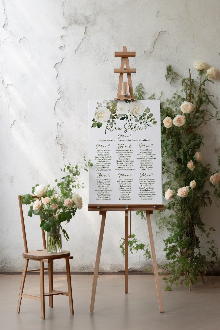 Hochzeits-Sitzplan mit Rosen und Eukalyptus | Tafel zur Gästeplatzierung | Korani Nr. 12