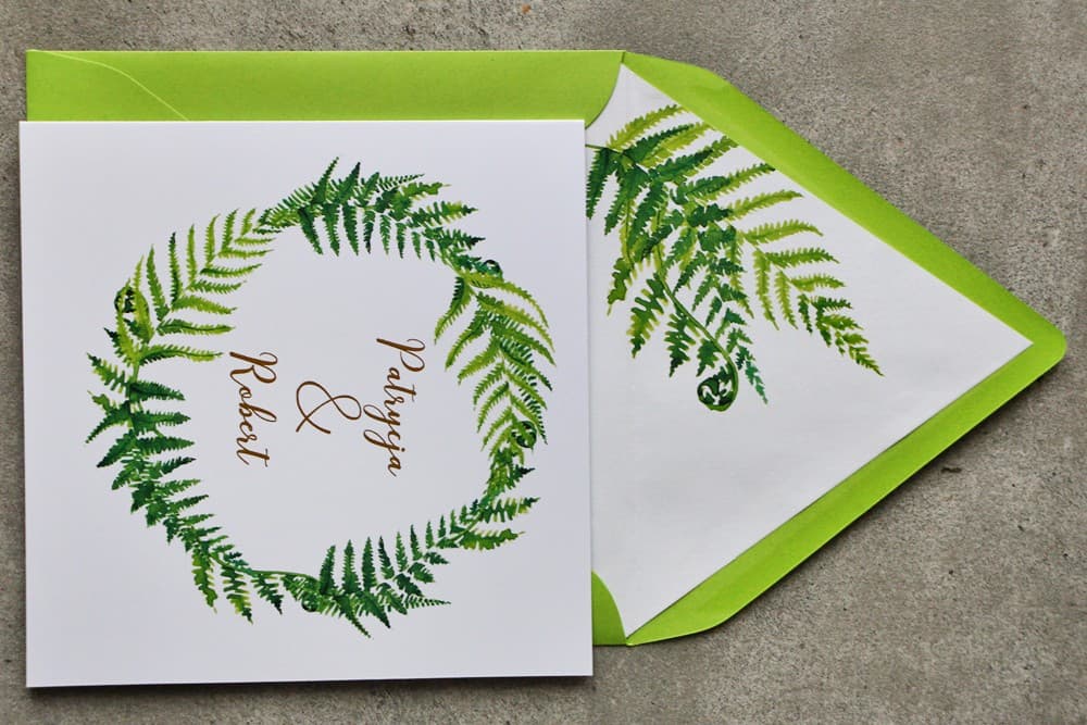 Hochzeitseinladung Cykade Nr. 11 – Farn-Motiv und Goldveredelung