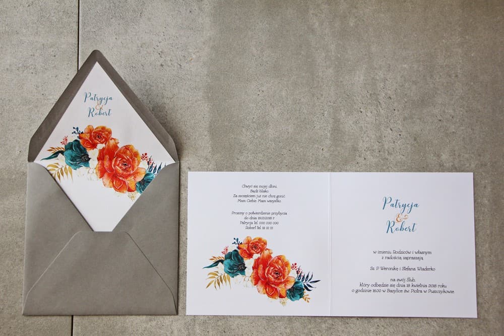 Hochzeitseinladungen Cykade Nr. 6 – Goldprägung, Anemonen und Rosen