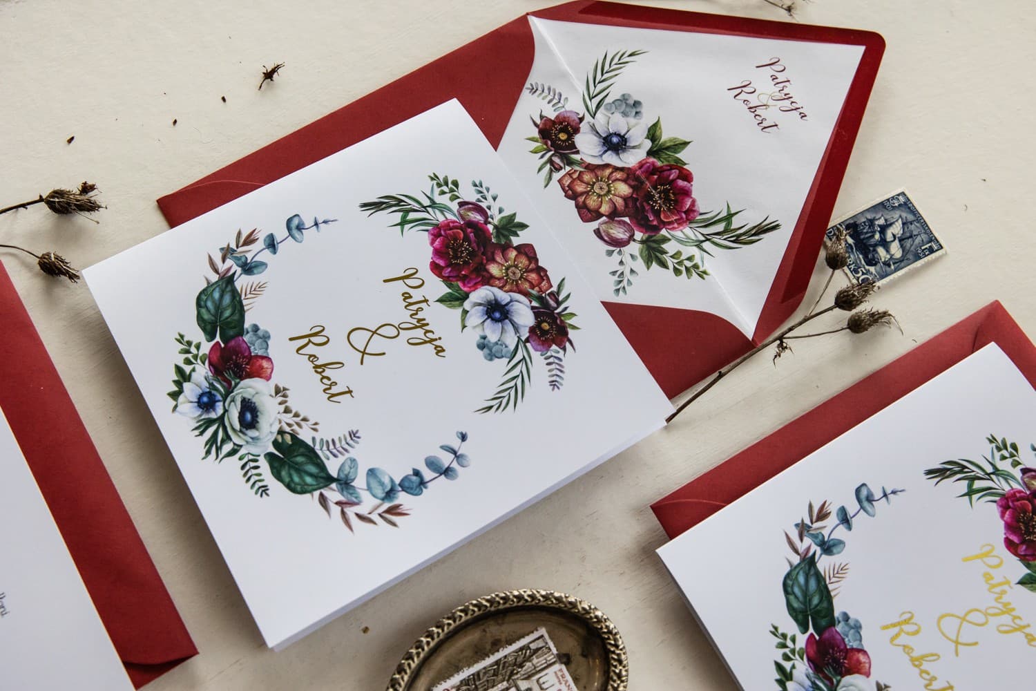 Hochzeitseinladung Cykade Nr. 7 – Burgundrote Anemonen mit Goldveredelung - 2