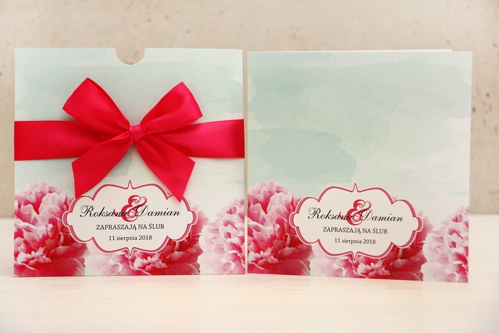 Quadratische Hochzeitseinladungen im Etui Mint-Gold mit Amaranth-Blüten – Felicja Nr. 15 - 2