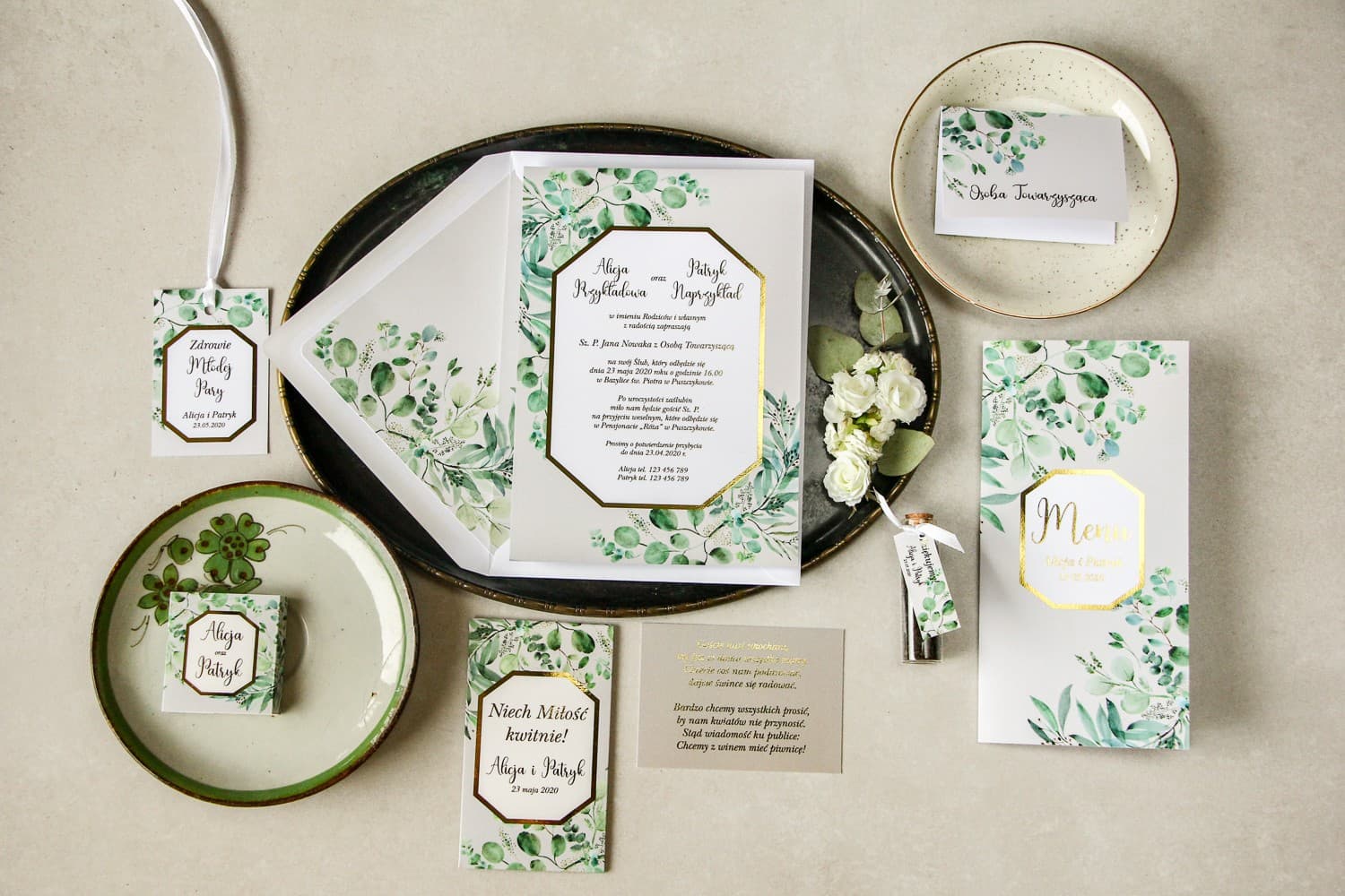 Vergoldete Hochzeitseinladungen mit Eukalyptus-Motiv – Lotus Nr. 3 - 2