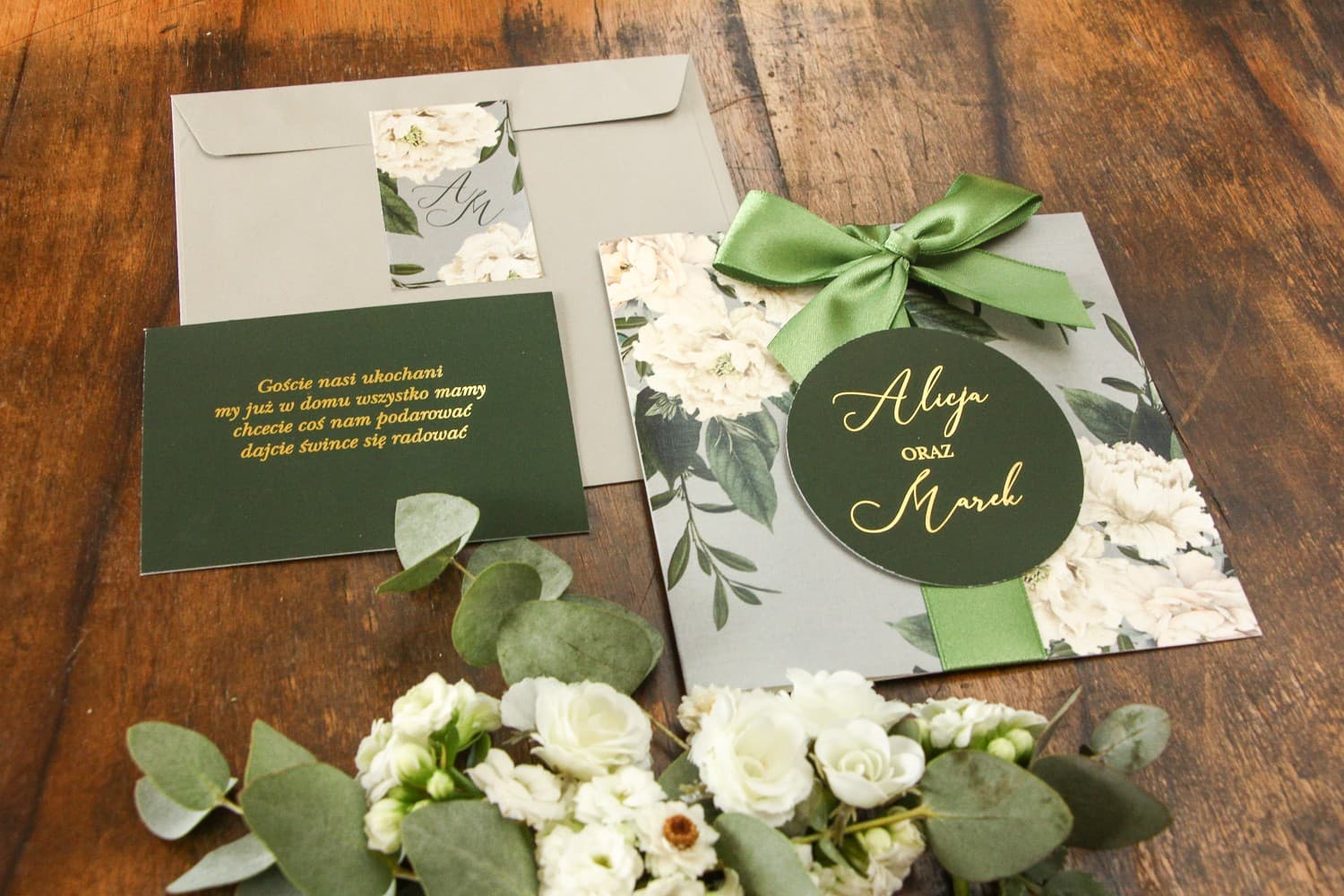 Hochzeitseinladung Soreli Nr. 1 – Glamour-Stil mit grüner Satinschleife - 2